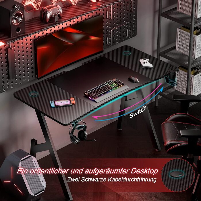 Ігровий стіл 120 x 60 см, Ігровий стіл, Стійкий стіл для ПК з покриттям з вуглецевого волокна, Ергономічний комп'ютерний стіл з га