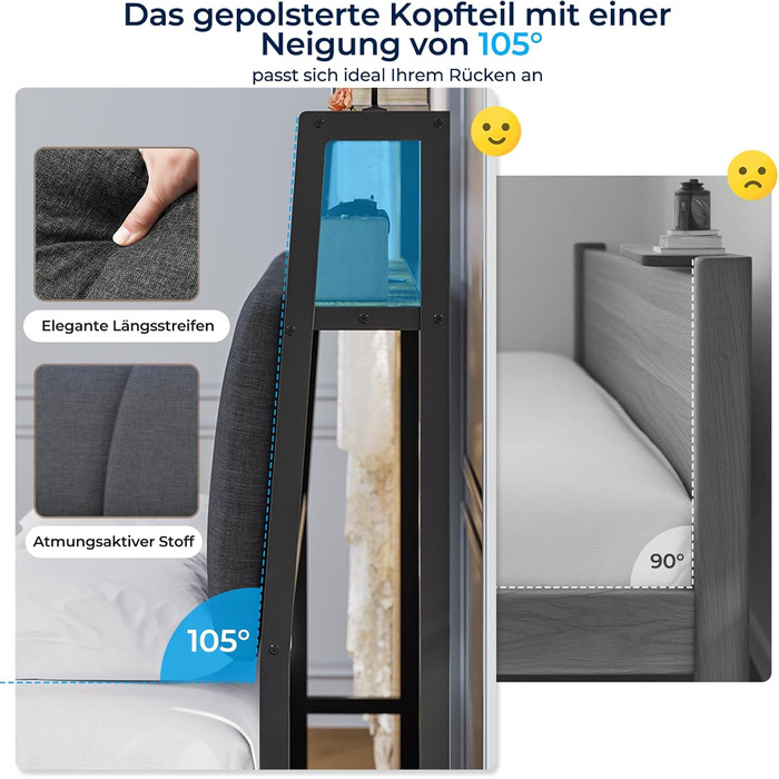 Ліжко 140x200 з металевою рейковою основою, каркас ліжка 140x200 см зі світлодіодним освітленням та зарядною станцією (2 розетки змінного струму та 2 порти USB), дитяче ліжко, двоспальне ліжко з 2 великими шухлядами, сірий колір, 140x200 см