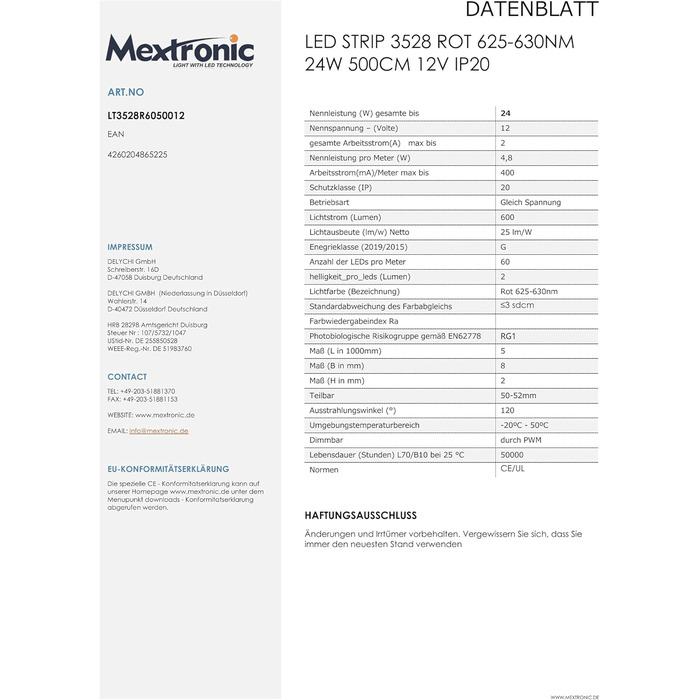 Світлодіодна стрічка Mextronic 12V/24W, 5 метрів, 3528, червоний колір (625-630nm), IP20