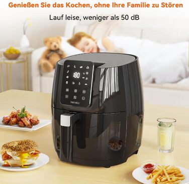 Фритюрниця Hermitlux 5.5 л XXL, 10 програм фритюрниці з цифровим світлодіодним сенсорним екраном, фритюрниця з гарячим повітрям без олії, попередній нагрів і підтримання тепла, з рецептом, 1500 Вт можна мити в посудомийній машині