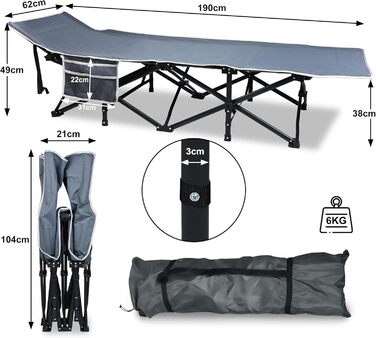 Розкладне похідне ліжко з сумкою для зберігання, транспортна сумка, до 250 кг, 190x62x38 см, кемпінговий шезлонг для дорослих, сад, кемпінг, подорожі, на природі, в приміщенні