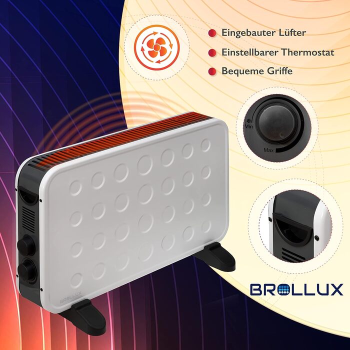 Електричний обігрівач Brollux WT2K 2000 Вт з вентилятором, портативний обігрівач, електричний радіатор, конвекторний обігрівач, 2-ступінчастий термостат, білий, турбо білий, турбовентилятор