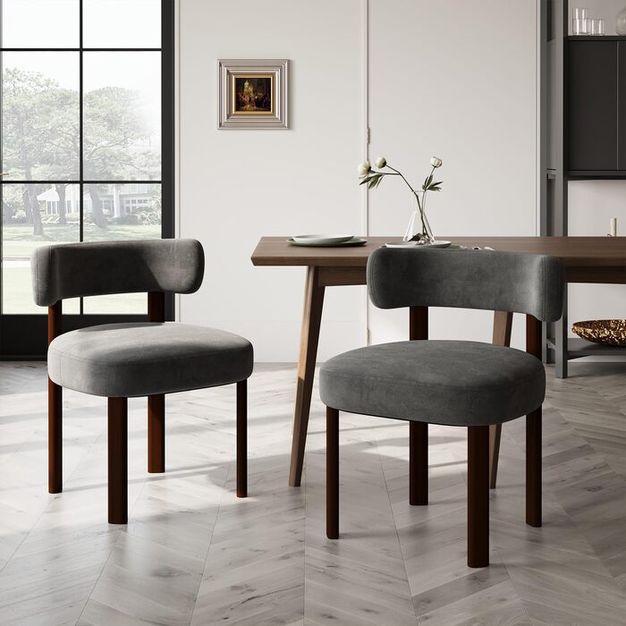 Обідні стільці COLAMY з шерпа в сучасному дизайні середини століття, комплект з 2 шт., кухонні стільці з букле у вінтажному сільському стилі з відкритою вигнутою спинкою для їдальні, ресторану, сірі, комплект з 2 шт.