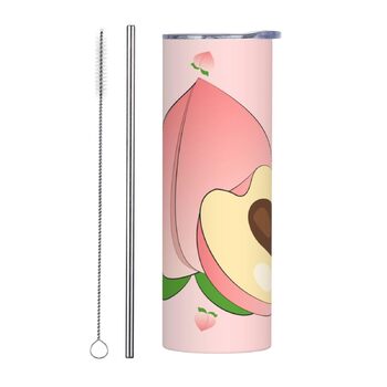 Кухоль з прямою трубочкою, 590 мл, мультяшний персиковий принт, дорожній кухоль, підходить для кемпінгу, офісу та дому