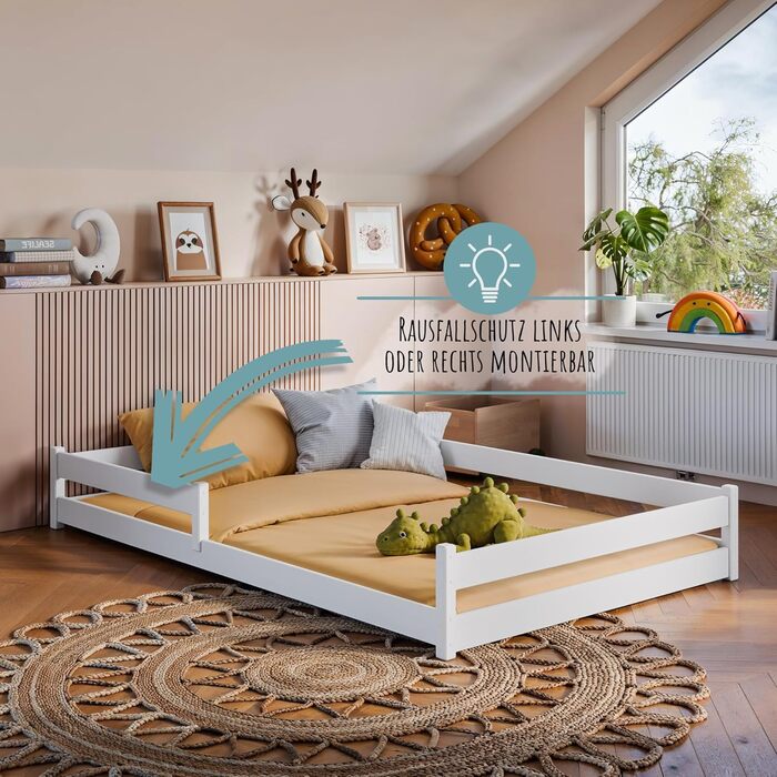 Дитяче ліжко Kids Collective, підлогове ліжко 120x200 см із захистом від падіння та рейковою основою, ліжко Монтессорі, дитяче ліжечко, юнацьке ліжко, односпальне ліжко (опція) з матрацом Біле 120x200 см без матраца, Біле