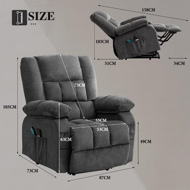 Регульоване крісло для телевізора Bosmiller з електричним підйомником, функцією обігрівача, масажу та підігріву, сірого кольору