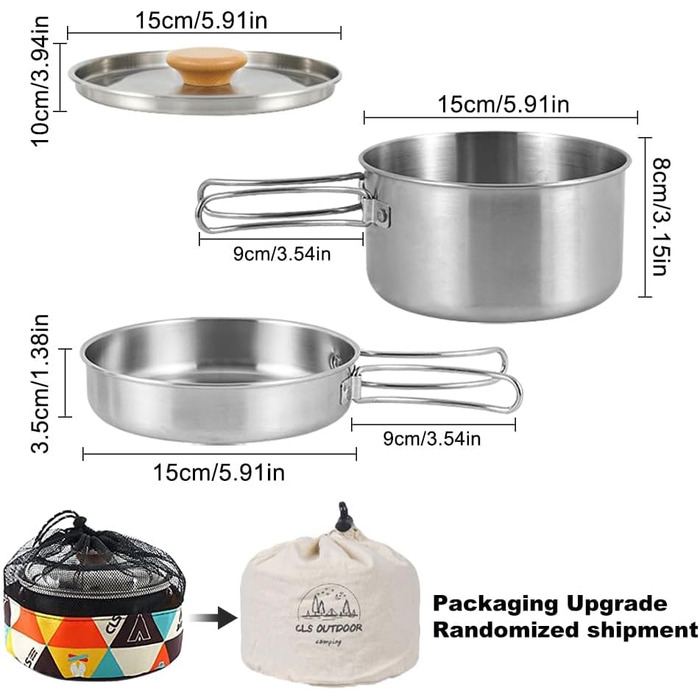 Набір посуду для кемпінгу з нержавіючої сталі каструля з кришкою та складаною ручкою, портативний посуд для туризму, походів, риболовлі та пікніків