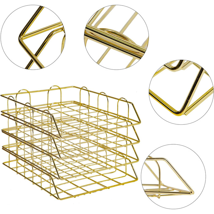 Лоток для листів, 4 шт. Металевий лоток для листів Штабельований лоток для документів формату A4 Лоток для зберігання паперу Письмовий стіл для домашньої школи, офіс (золото)