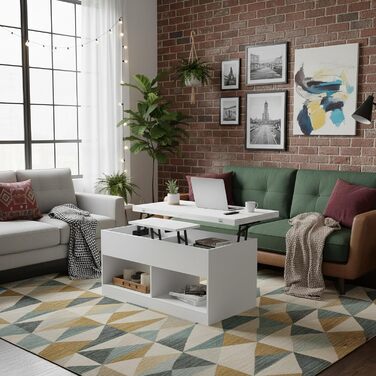 Журнальний столик, стіл для вітальні з регульованою висотою, журнальний столик з підйомною верхньою частиною, 2 відкритих відділення та приховане місце для зберігання, прямокутний бічний столик-диван, можна перетворити на обідній стіл, білий метал