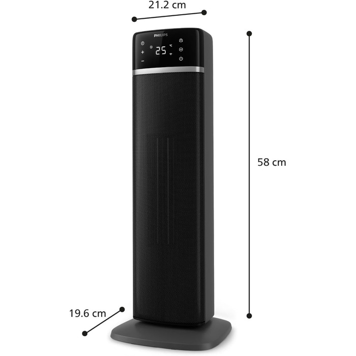 Баштовий вентилятор-обігрівач, 2000 Вт, керування за допомогою застосунку, економія енергії до 50, дисплей температури, 5 функцій безпеки, 4 режими, коливання 60, тихий, чорний/сірий (CX5120/11) Сірий баштовий вентилятор-обігрівач, 2000 Вт, 5000