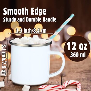 Набір з 12 емальованих кавових чашок Mimorou з сублімацією, білий, порожній, 340 мл, для кемпінгу, на природі, для чаювання, для подорожей, металевий, вузький кухоль зі срібним обідком, для вечірок, подарунків