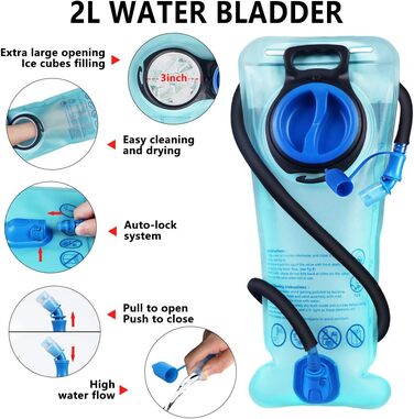 Гідратаційний рюкзак, 20 л / 2 л камера, Водонепроникний, Нейлон/Пластик, Чорний матовий