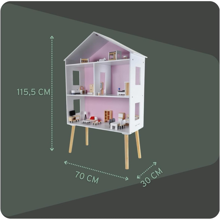 Дерев&39яний ляльковий будиночок "Бандити та ангели", білий та рожевий, сучасна вілла, вік 3, висота 115,5 см включає 47 предметів меблів ляльковий будиночок іграшка для ляльок, висота 115 см