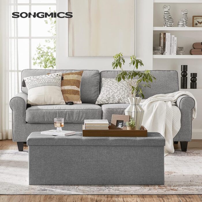 Пуф для зберігання SONGMICS, Складана лавка, Пуф для ніг 38 x 110 x 38 см, Коробка для зберігання, Вантажопідйомність до 300 кг, для вітальні, спальні, коридору, Попелясто-сірий LSF77G 110B см Попелясто-сірий