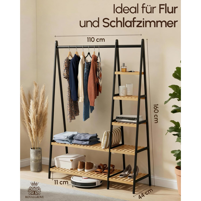 Вішалка для одягу, штанга для одягу, підставка для гардеробу, 44 x 110 x 160 см, шафа, полиця для взуття, відкрита шафа, 7 полиць, спальня, передпокій, бамбук, чорний