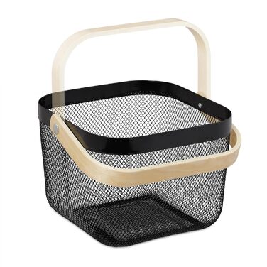 Дротяний кошик Relaxdays з ручкою, комплект з 2 шт. , металевий, бамбук, ВxШxГ 17,5 x 26 x 24,5 см, квадратний кошик для зберігання, чорний