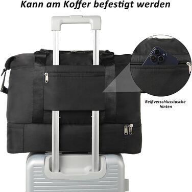 Дорожня сумка TANTOMI Ручна поклажа, Жіноча спортивна сумка, 46x23x32 см, Сумка для ручної поклажі, Сумка на вихідні, Водонепроникна дорожня сумка, Сумка для тренувань, Сумка для лікарні, Сумка для народження, Підходить для відпочинку, Кемпінгу, Чорна 1-2