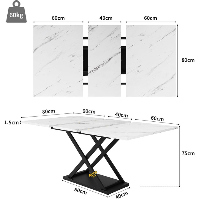 Розкладний обідній стіл Merax (120-16080 см), прямокутний мармуровий обідній стіл для 6-8 осіб, для кухні та вітальні, мармур