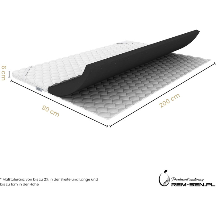 Наматрацник REM-Sen, 90x200 см, висота 6 см, рівень жорсткості 5 (H5). Виготовлений з дуже міцного пінополіуретану з тришаровим мембранним покриттям. Підходить для диванів або будь-якої іншої зони відпочинку. Сертифіковано Oeko-Tex. H5 90 x 200 см