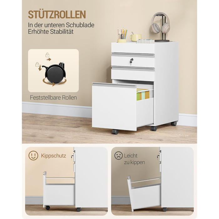 Контейнер на колесах Hzuaneri, шафа для документів, офісна шафа, що замикається, з 3 шухлядами, додаткове місце для зберігання зверху, шафа з шухлядами для формату DIN A4, Letter, для офісу, домашнього офісу, 40 x 40 x 70 см Білий FC41003XV1