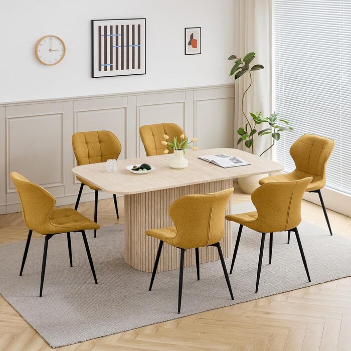 Сучасний обідній стіл на 4-6 осіб, прямокутний кухонний стіл 160 см (травертин) з важкою основою-тумбою для вітальні, кухні, квартири, жовтий