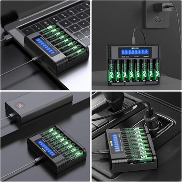 Літієві батарейки типу АА, 8 шт. , із зарядним пристроєм, акумуляторні батарейки високої ємності 1,5 В 3400 мВтгод, 1500 циклів розрядки/зарядки, зарядний пристрій із РК-дисплеєм