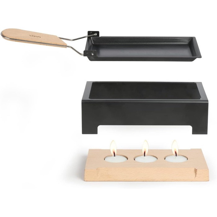 Міні-раклет на 2 особи Tealight - Раклетний гриль зі сковородами з антипригарним покриттям - Сирники та дерев'яна лопатка - Раклетний гриль без електрики Кемпінг
