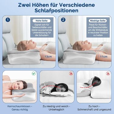 Подушка для шиї з піни з ефектом пам&39яті, ергономічна подушка з підтримкою шиї для сну на боці, спині та животі, сіра, 64 38 13 см