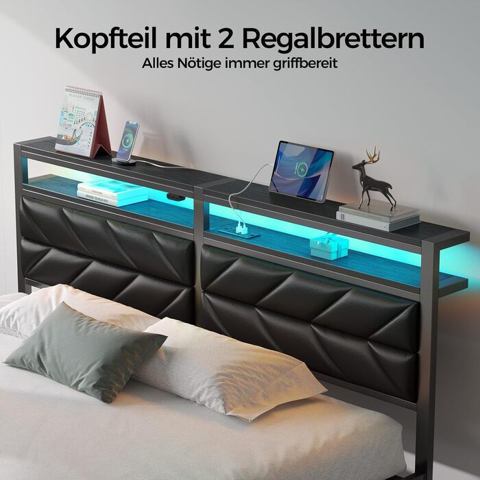 Ліжко Seventable 140x200 зі світлодіодним підсвічуванням, зарядною станцією (2 порти USB та 1 порт Type-C), металеве ліжко з м&39яким узголів&39ям та місцем для зберігання речей, двоспальне ліжко для спальні, чорне 140 x 200 см