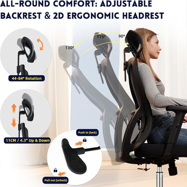 Ергономічне офісне крісло, стілець для роботи з регульованим підголівником, підлокітниками та поперековою опорою, обертове крісло з сітки, крісло для керівника з регульованою висотою, комп&39ютерне крісло з функцією гойдання, вантажопідйомність 150 кг