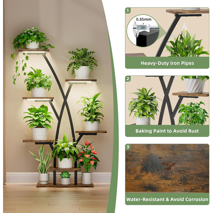 Підставка для рослин з лампою для вирощування - 7-ярусна підставка для квітів 105 см, полиця для рослин з металу та дерева - Квіткові драбини для приміщень та вулиці - Декоративна чорна квіткова підставка для балкону в приміщенні