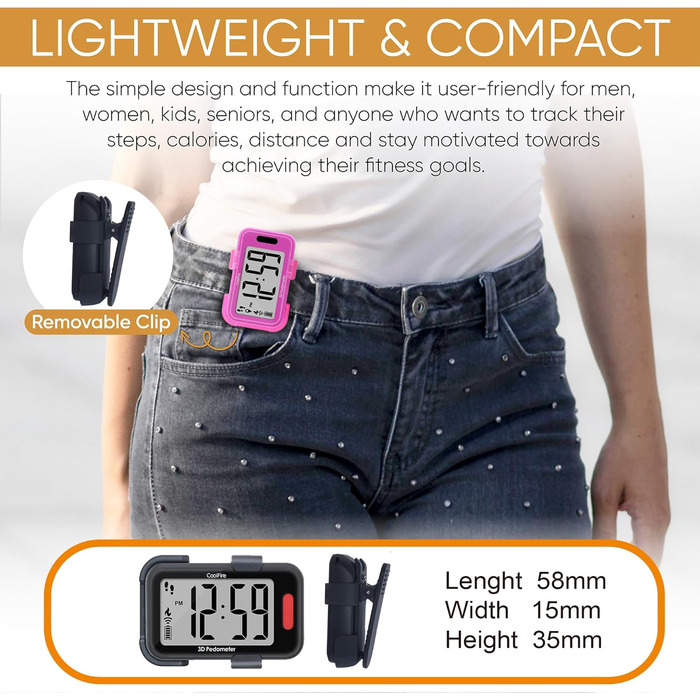Крокомір із пристібкою для кроків, миль та калорій Працює окремо або з додатковим додатком Точний фітнес-трекер для приміщень та вулиці для чоловіків, жінок та людей похилого віку, 3D-