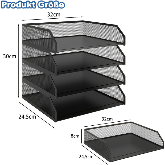 Лоток для документів PUNCIA A4, лоток для листів з 4 металевими відділеннями, органайзер для файлів, лоток для паперу, система для зберігання документів, тримач для документів для офісу, навчання, школи, чорний, 32 x 24,5 x 30 см