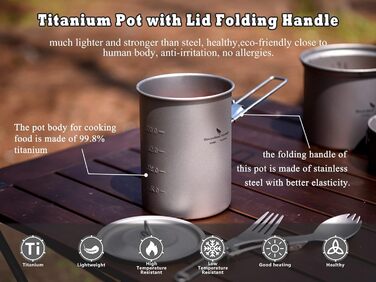 Безмежна подорож Ультралегкий портативний 900 мл відкритий титановий горщик з кришкою Відкидною ручкою Кемпінгова вода Рис Миска д