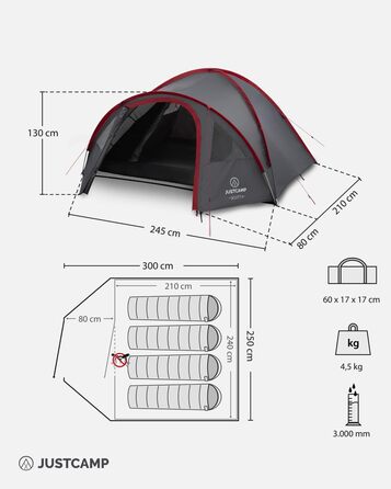 Намет для кемпінгу Scott на 4 особи, легкий, стійкий, водонепроникний - купольний намет (двостінний) із закриваючимся тамбуром - намет-іглу з вентиляційними капюшонами та москітною сіткою на спальному місці - сірий