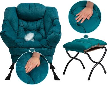Крісло HollyHOME з підставкою для ніг, крісло з відкидною спинкою та підставкою для ніг, крісло для вітальні, крісло-реклайнер, крісло для спальні, крісло для читання, крісло для відпочинку, крісло, синьо-зелене з підставкою для ніг