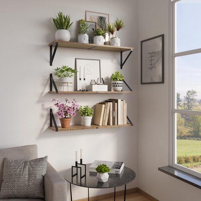 Настінні плаваючі книжкові полиці CASSA ZENO, комплект з 3 шт. , 80 см x 20 см, книжкова полиця для спальні, вітальні, офісу, ванної кімнати, кухні, дерев&39яна, рустикальна, з металевим кронштейном (натуральний колір), натуральний колір, 3 20 Г x 80 Ш x 