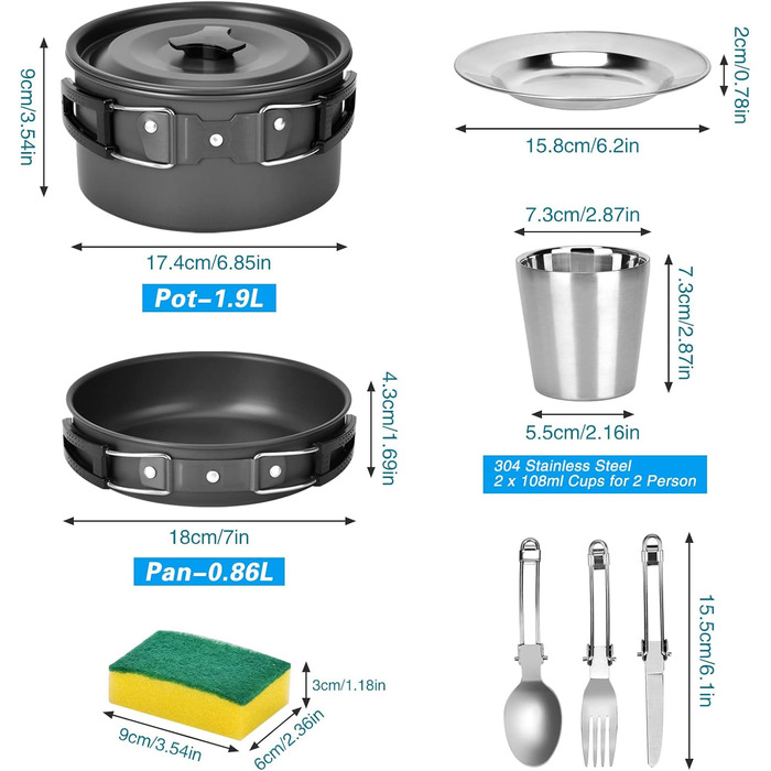 Набір посуду Queta для кемпінгу на 17 предметів каструлі та сковорідки для пікніка, походів та приготування їжі на 2-3 особи. Сертифікований FDA