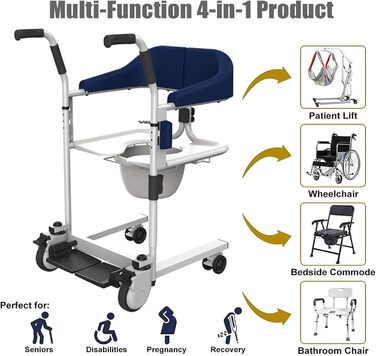 Крісло для перенесення підйому пацієнтів, регульована підйомна ванна Мобільна інвалідна коляска Commode з сидінням для унітазу, крісло для душу з підйомним підйомником для пацієнта з туалетом для інвалідів, синій синій
