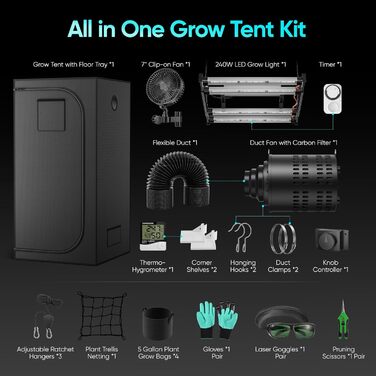 Комплект для вирощування Growzelt, 240W, 100x100x200 см LED-лампа повного спектру з вбудованим контролером та система вентиляції 17 см з вугільним фільтром, гідропонний гроубокс з термометром