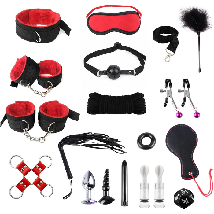 Набір для звязування Екстремальний секс БДСМ Набір для сексу в звязку Наручники Секс із завязаними очима Батіг Затискачі для сосків Кляп 17 предметів Еротичні SM Секс-іграшки для пар Любителі екстремального сексу Початківці Чорний Червоний