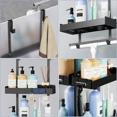 Підвісна полиця для душу, органайзер для скляних душових дверей, тримач для шампуню, кошик для душу без свердління, чорний, з 8 гачками, нержавіюча сталь 65.5x30x11.2 см