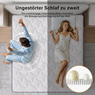 Матрац TXO 140x200 см, висота 25 см, пружинний матрац Pocket Spring, рівень жорсткості H3, 7-зонний пружинний матрац з високоякісною піною для підтримки спини, сертифікований Oeko-Tex, білий 140 x 200 см