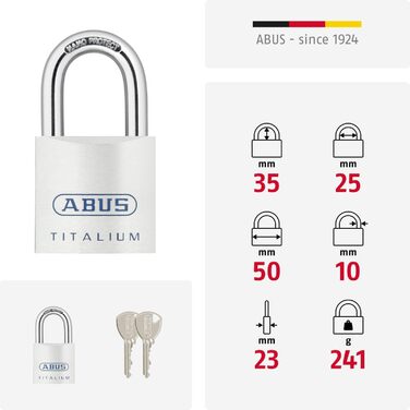 Замок навісний ABUS Titalium 80TI/50 gl.-8012 однаковий ключ для підвалу, з легким та міцним корпусом зі спеціального алюмінію рівень безпеки ABUS 8 сріблястий, 50 мм