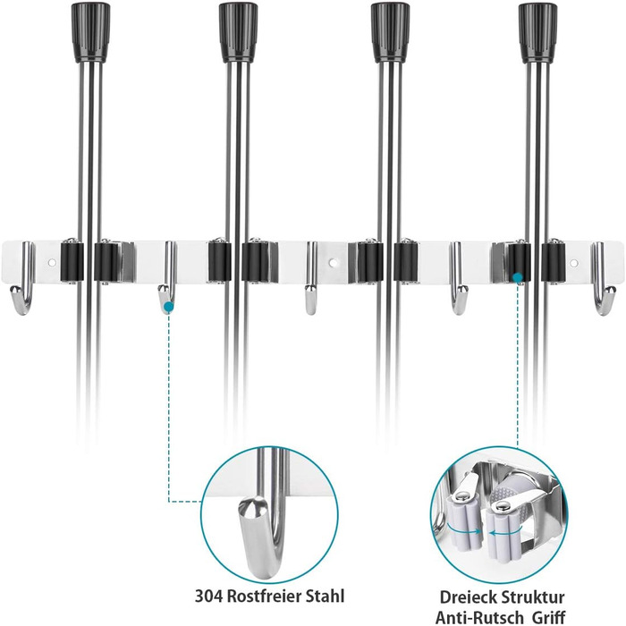 Тримач для мітли з нержавіючої сталі SHYOSUCCE, настінний тримач для мітли з 4 слотами та 5 гачками, настінний кронштейн для тримача приладу для кухні, ванної кімнати, гаража та саду, чорний 44 см чорний