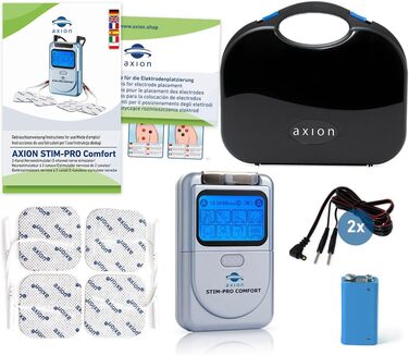 Апарат для терапії болю axion TENS STIM-PRO Comfort - 4 шт. 5х5 см електродні подушечки Пристрій для стимуляційного струму для терапії болю, наприклад, при остеоартриті, артриті, шиї, спині, суглобах Сертифікація. Медичний виріб 1) STIM-PRO Комфорт