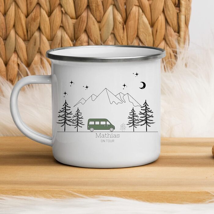 Емальована кружка Маленька Матильда, барвиста персоналізована кемпінгова кружка з іменем для кемперів, кавова кружка, аксесуар для караванів, кружка з нержавіючої сталі, подарунок для кемперів (зелений колір)