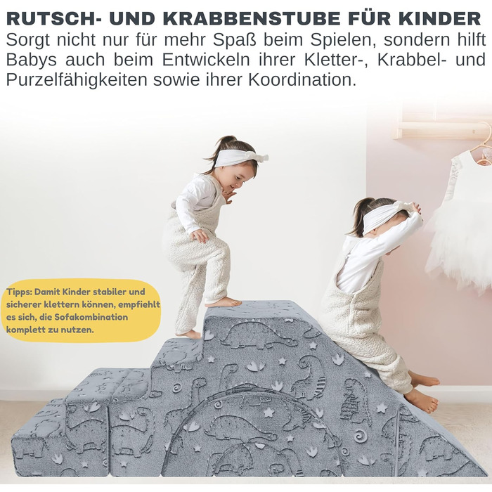Модульний дитячий диван MeMoreCool з пінопласту, розкладні меблі для дитячої кімнати з функцією сидіння та відкидання, м&39який міні-диван зі знімним чохлом, сірий динозавр 02 сірий динозавр