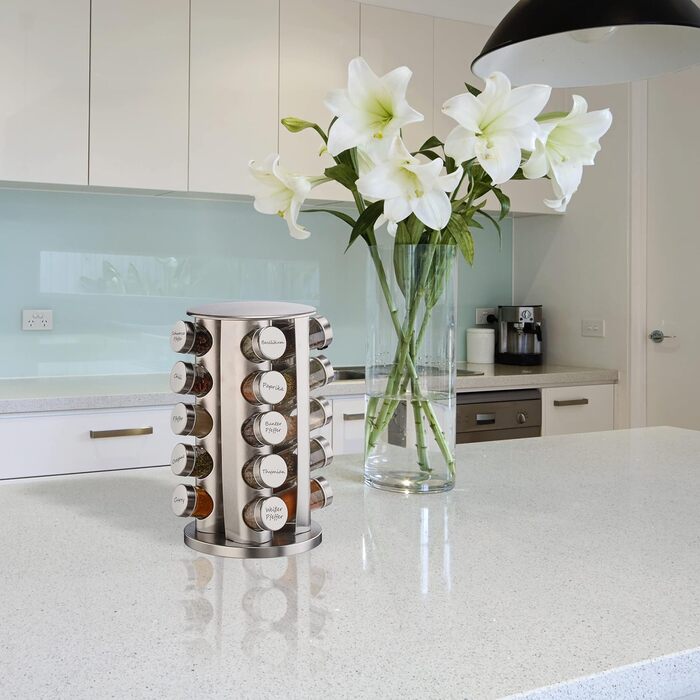 Карусель для спецій Relaxdays з 20 баночками для спецій, 40 етикетками, поворотними на 360, багаторазовими шейкерами для спецій з нержавіючої сталі, сріблястим кольором