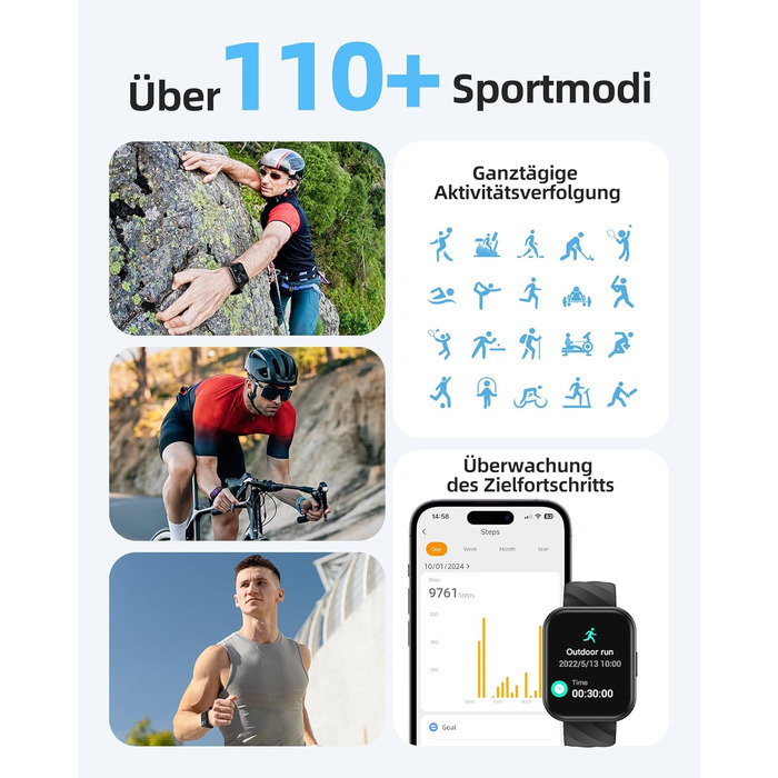 Розумний годинник Parsonver для жінок та чоловіків, водонепроникний плавальний годинник 5ATM, 1,8-дюймовий HD-екран для фітнесу з понад 100 спортивними режимами, відстеженням серцевого ритму та сну, розумний годинник для Android та iOS, чорний